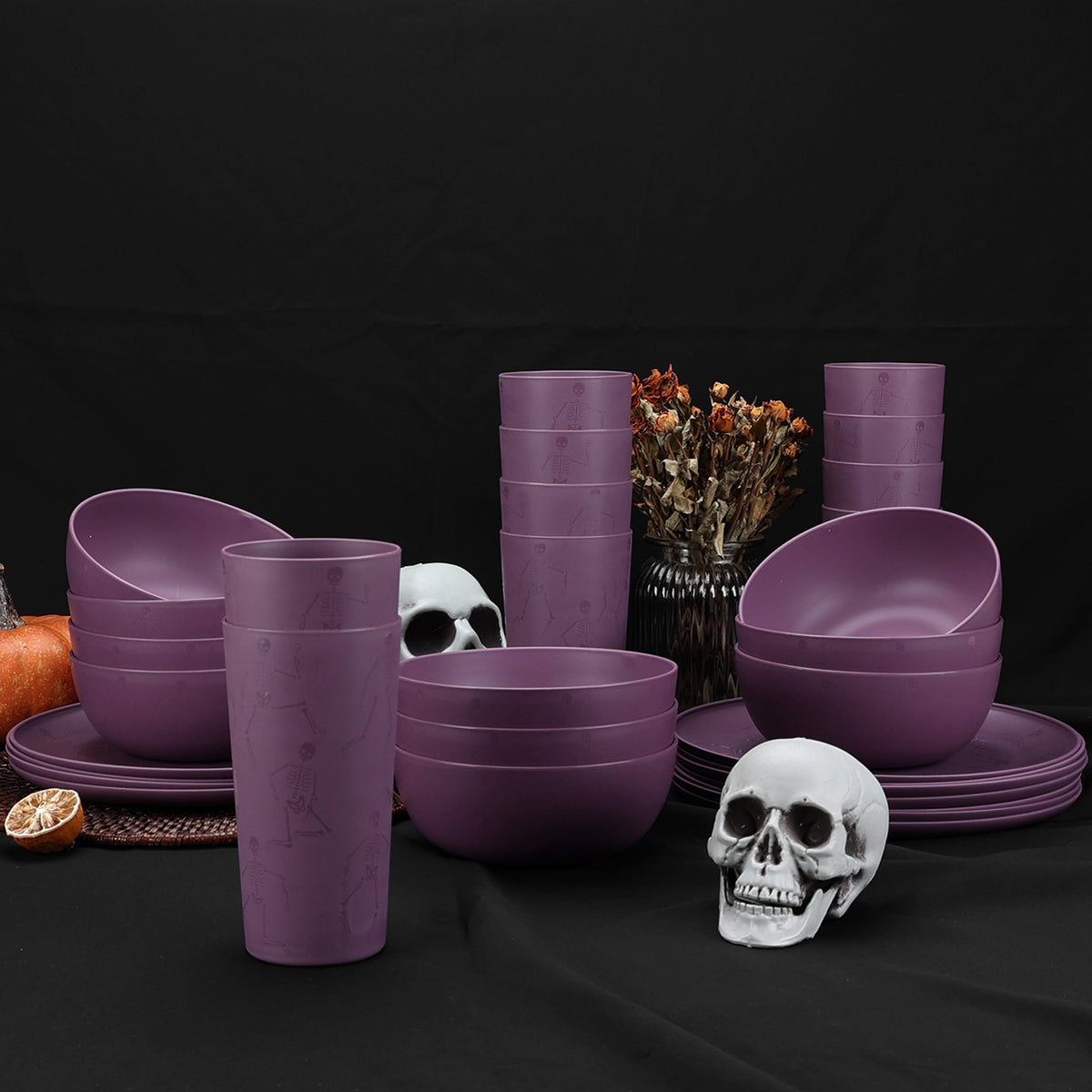 Mainstays 30-Piece Plastic Etched Pumpkin Dinnerware Set, Orange