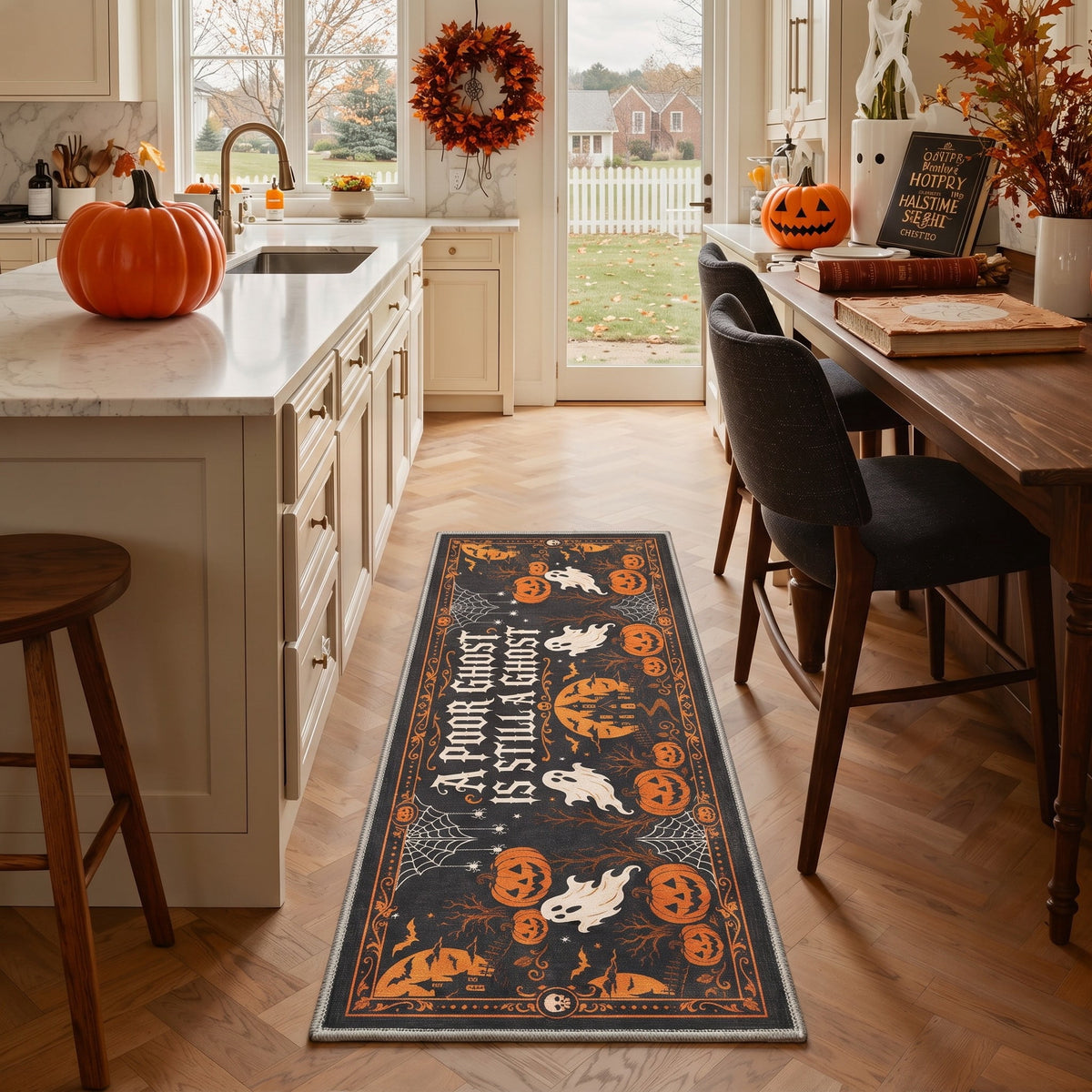 GENIMO 2'x7' Halloween Runner Rug, Washable Non Slip Soft Whimsical Skeleton Indoor Outdoor Hallway Runner for Porch Patio Kitchen Entryway, Charcoal Black