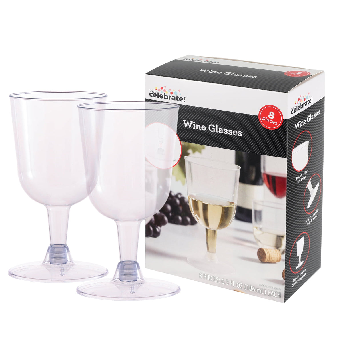 Way To Celebrate Clear Plastic Wine Glasses, 8 Count, 6.3 fl oz, 4.84 in x 2.64 in