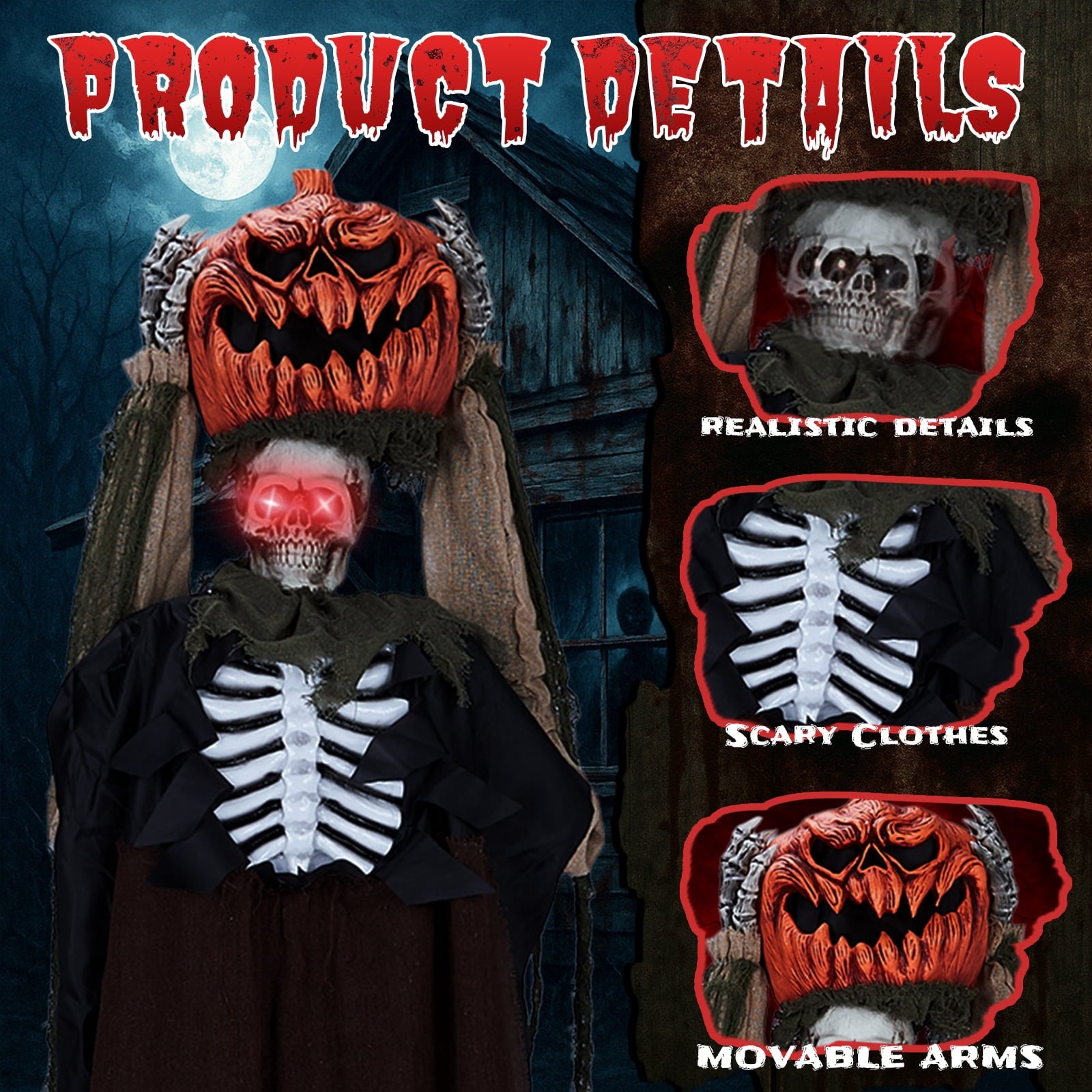UBesGoo 6' Ghost with The Pumpkin Head Halloween Animated Animatronic Decoration, Halloween Pumpkin Skeleton Outdoors