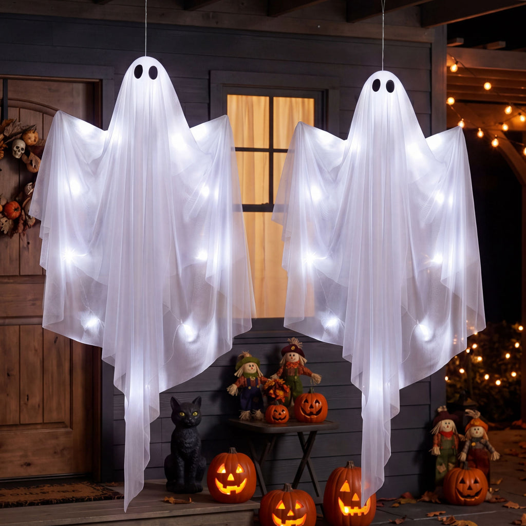Joyfy 47" Halloween Hanging Light up Ghost Decorations Outdoor,White Ghosts with Blue LED Light and Timer Halloween Hanging Decoration Waterproof for Front Yard Patio Lawn