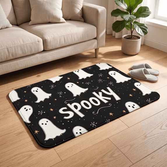 Halloween Doormat Ghost Bath Mat 23.6x15.7in Secure-Grip Absorbent Soft Faux Fur Rug for Bathroom Bedroom Living Room Decor by OVFUIZ