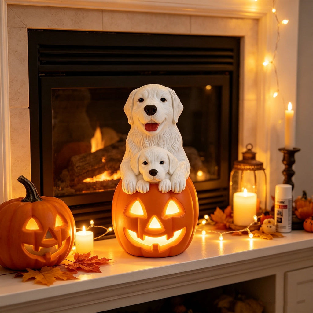 Lighted Scarecrow Bull Terrier Halloween Blow Mold, Cute Puppy Pumpkin Hat Halloween Decor, Resin Ornament for Patio Yard Tabletop Home Decoration, 8"