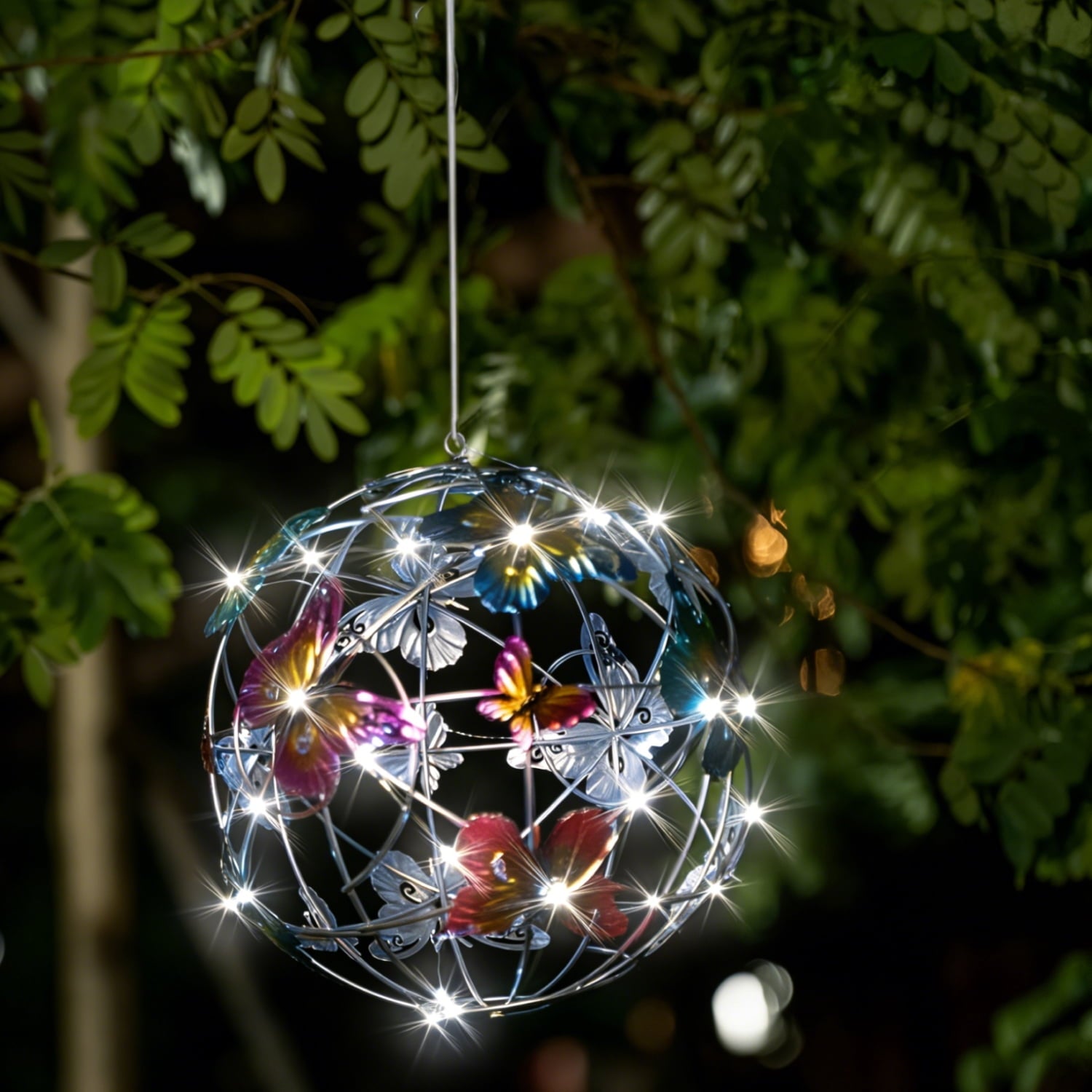 Hanging Solar Light Round Ball with Colorful Butterfly with Weaving String Special Gift for Garden Patio Gazebo Decor Camping