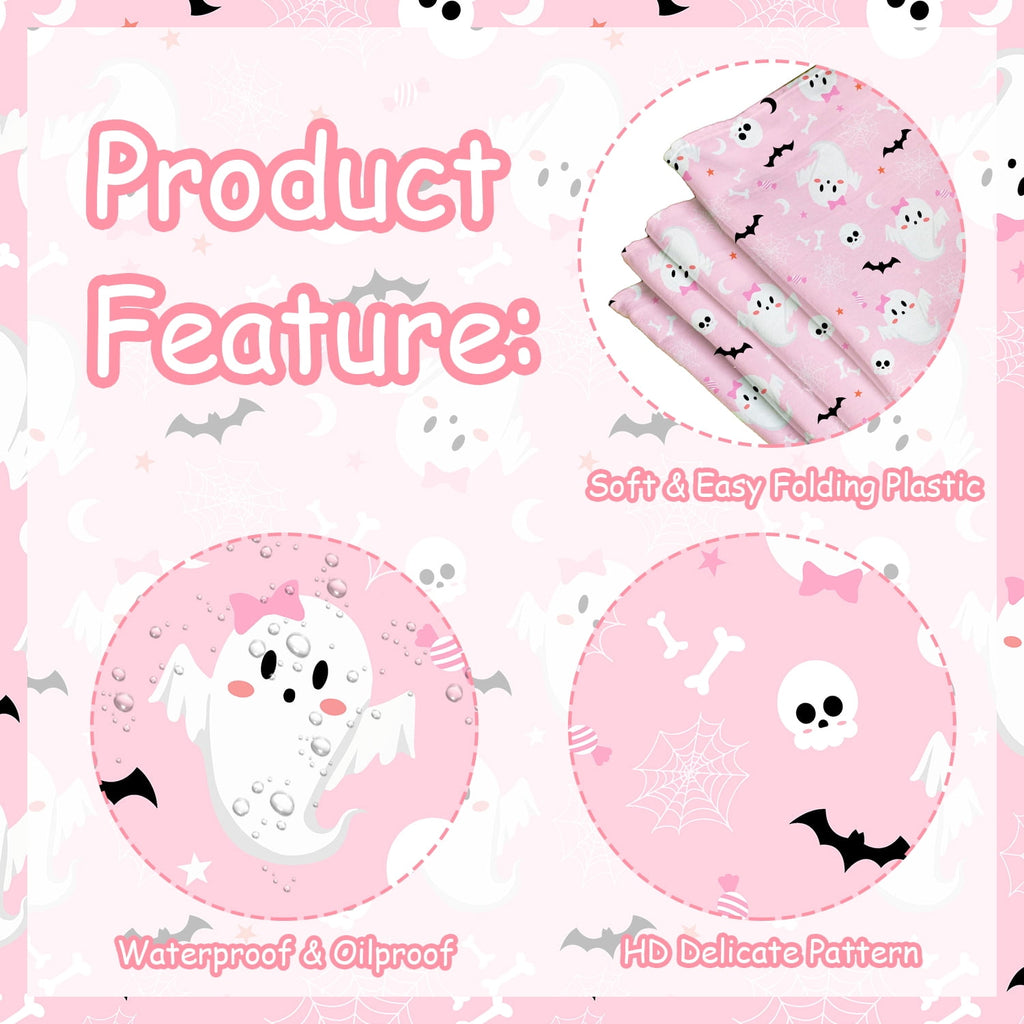 BrandName 1PC Pink Halloween Themed Tablecloth 9.0 x 4.3 ft Halloween Party Table Cover Ghost Bat Skull Spider Web Print Disposable Style Table Decoration for Indoor Outdoor Celebration Supplies