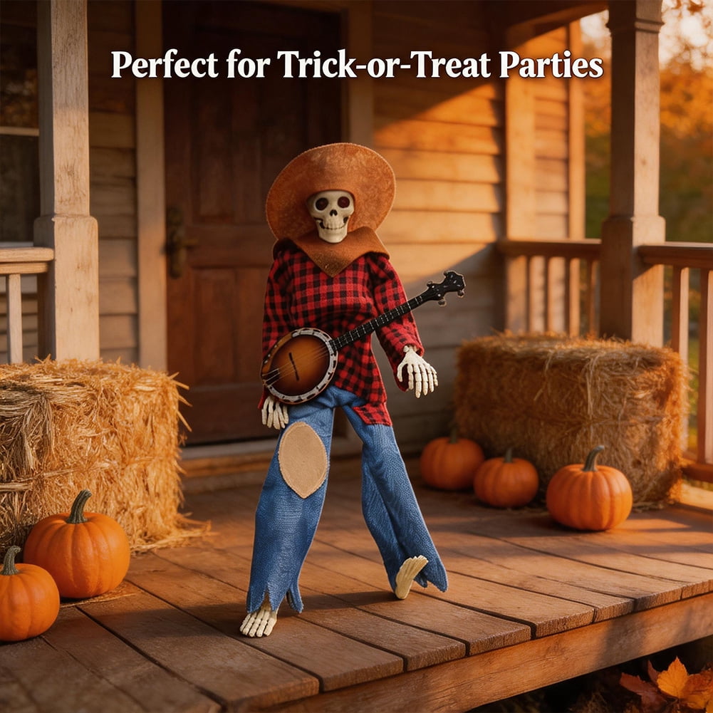 15" Animated Banjo Cowboy Skeletons with Clothes and Hat for Party Shelf Halloween Decorations(Red)