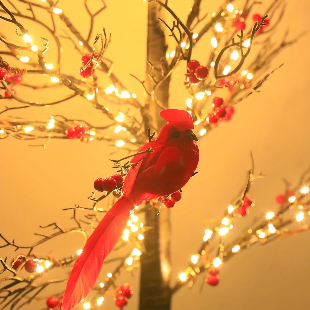 Vintage Glowing Cardinal Tree with Berries, Moving Cardinals Tree with LED Lights, Little Red Bird Trees Light, for Christmas, Halloween Tabletop Indoor Office Decorations