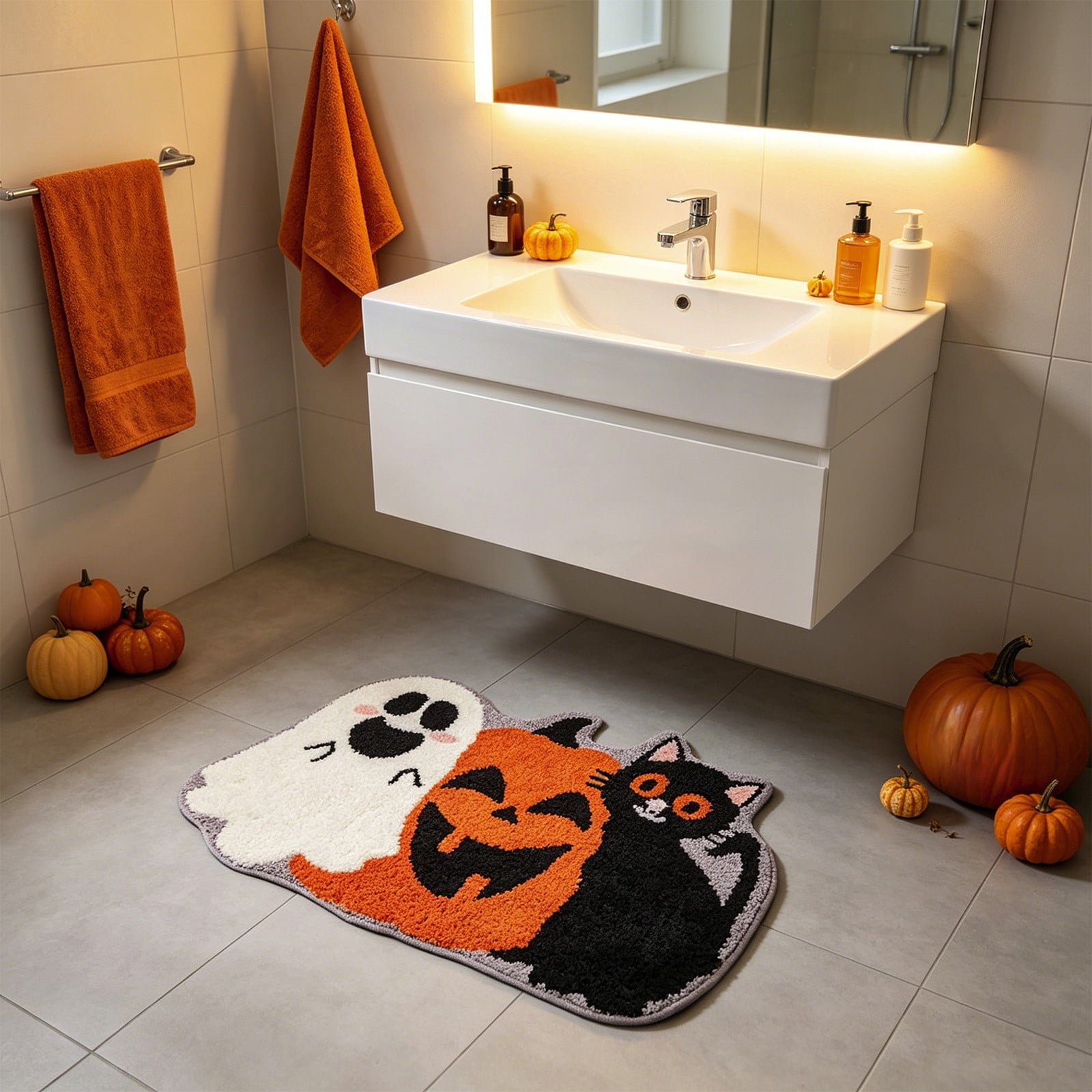 Halloween Doormat Ghost Bath Mat 23.6x15.7in Secure-Grip Absorbent Soft Faux Fur Rug for Bathroom Bedroom Living Room Decor by OVFUIZ