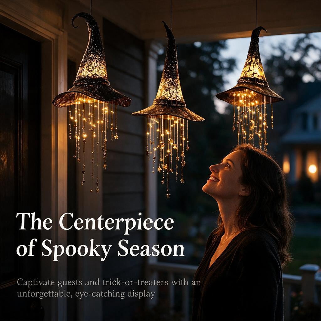 Lighted Witch Hat Hanging Decor, LED Halloween Witch Hat Decoration with Star Tassels for Porch, Window & Indoor Outdoor Holiday Display