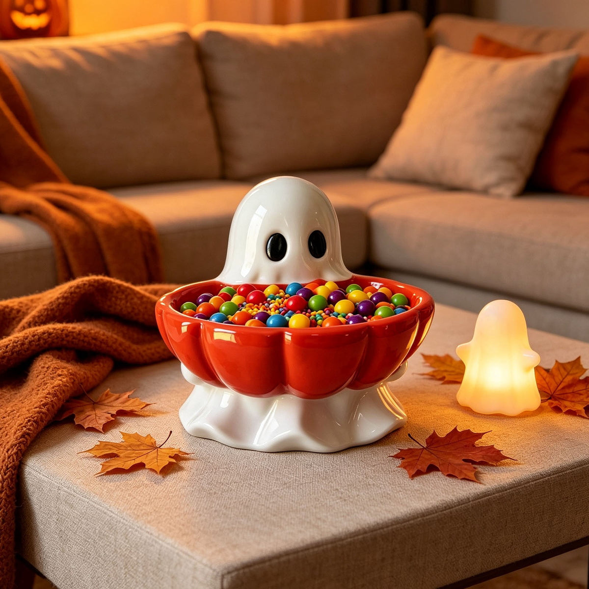 Pink Halloween Decor Ghost Candy Bowl Figurine with Bow and Scalloped Holder for Indoor Tabletop Decor and Party Favor Display