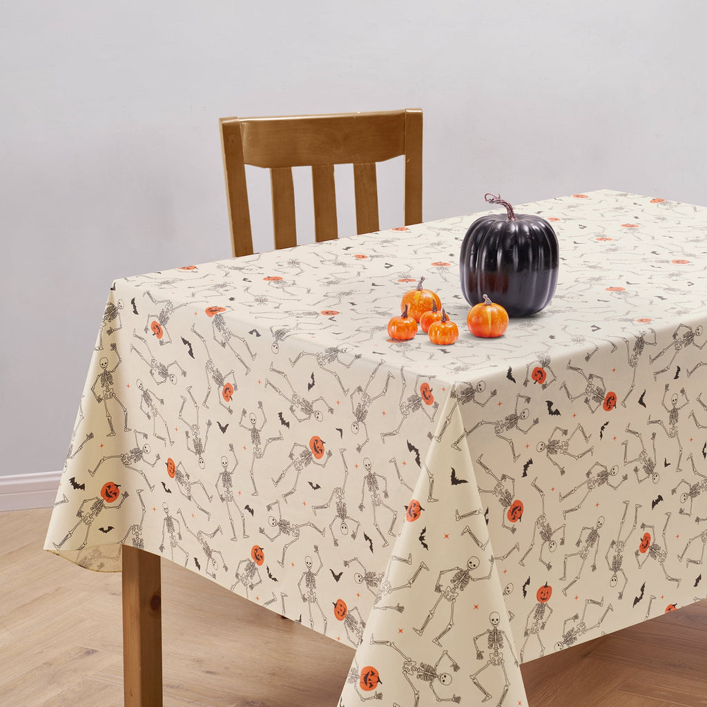 Way To Celebrate Halloween PEVA Tablecloth, For Table 60" x 84" - Skeleton Pumpkin Head Toss