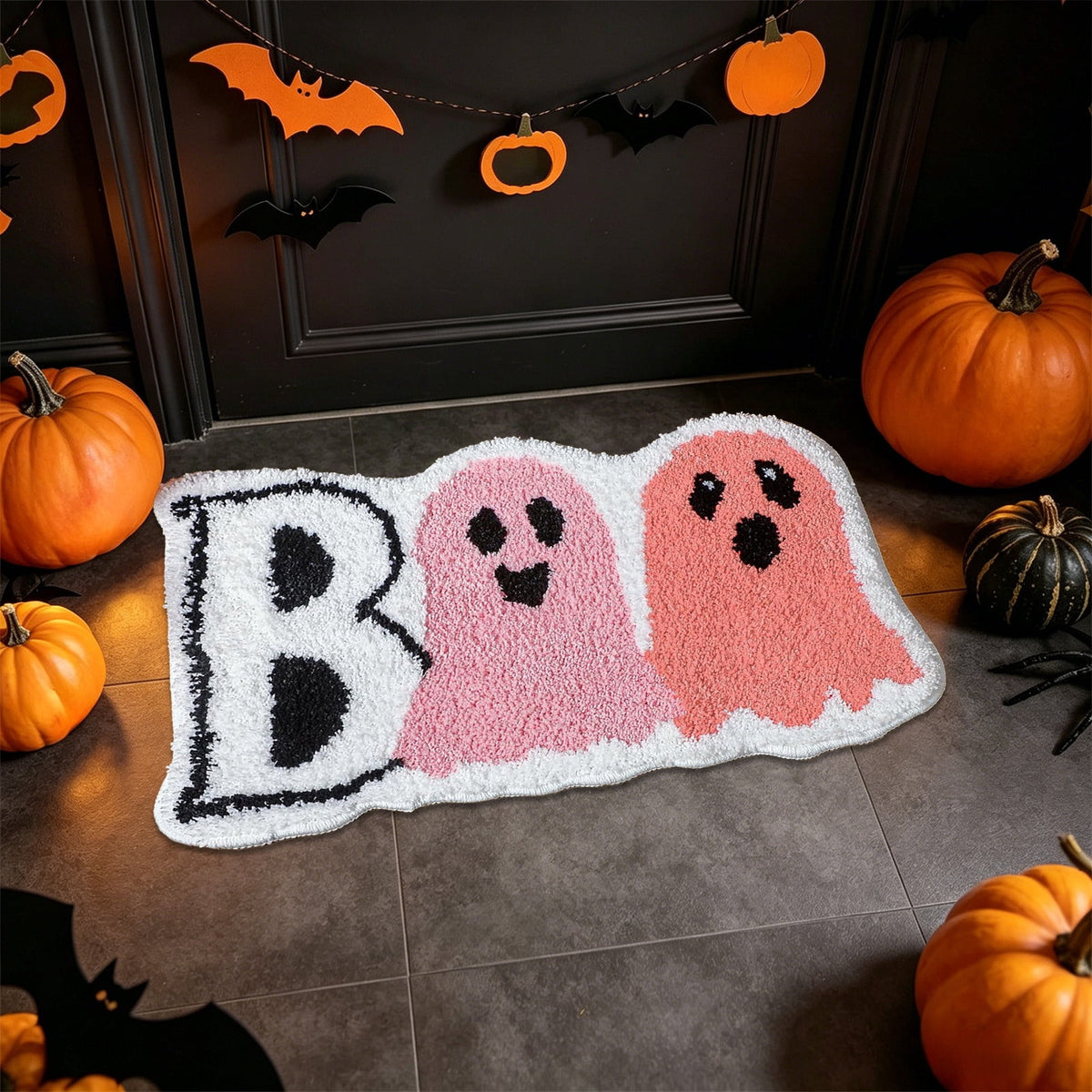 Halloween Door Mat Outdoor Boo Ghost Welcome Doormats for Front Door Non Slip Ghost Floor Mat Black White Stripe Halloween Rug for Entryway Front Porch Outside Decor