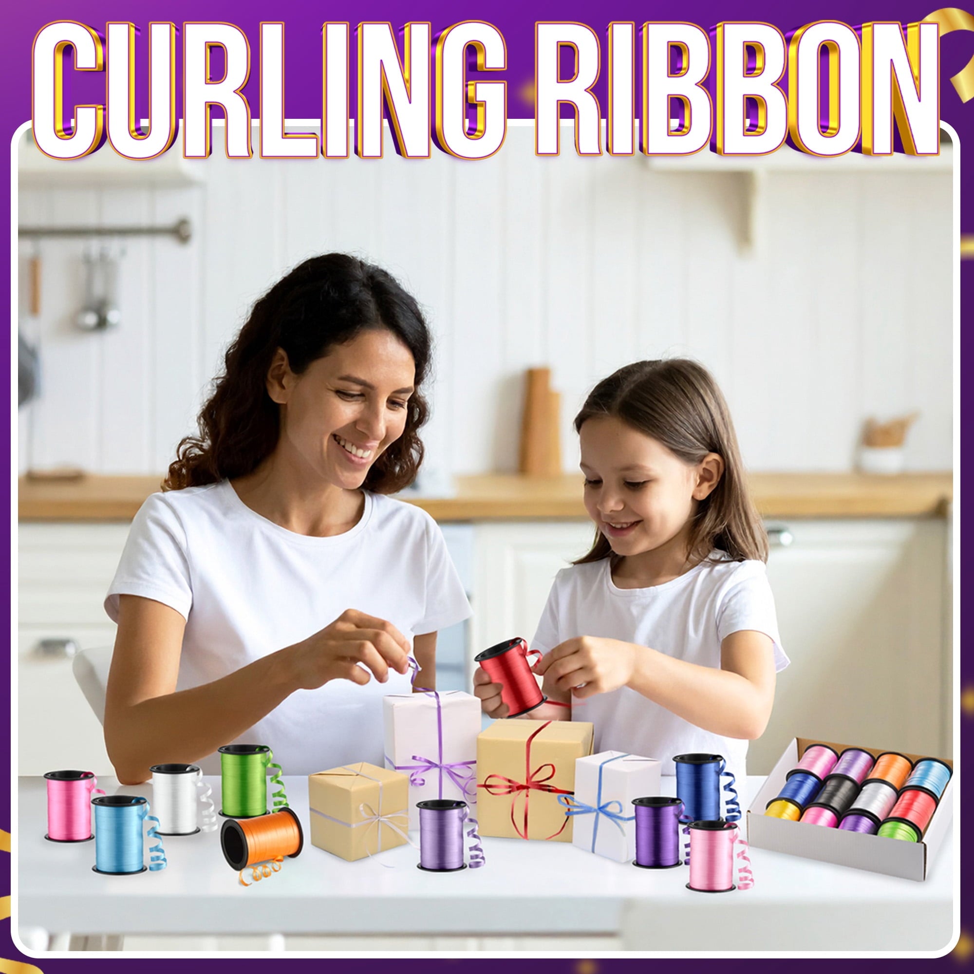 Bedwina Curling Ribbon Set, 12 Rolls, 3/16 in x 125 ft per Roll, Assorted Colors, Gift Wrapping & Balloon String for Crafts, Bows & Party Decorations