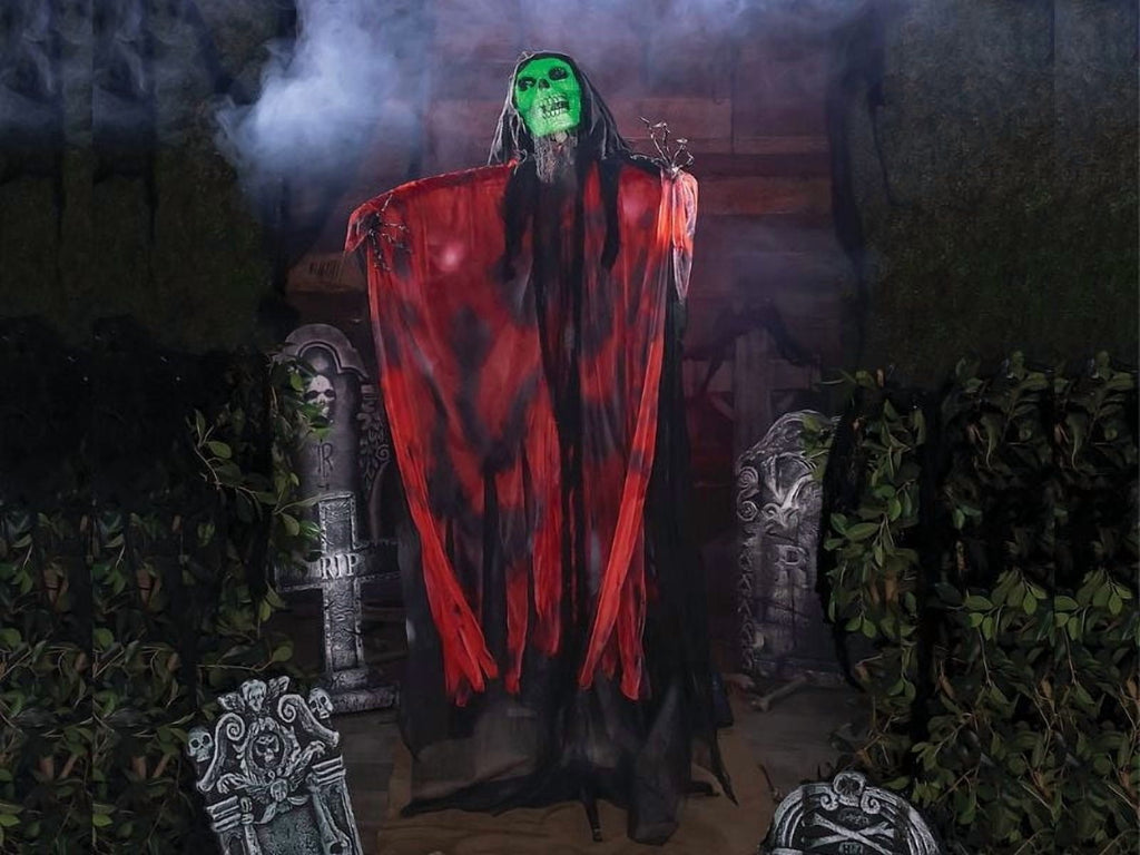 Morris Costumes - 6 Ft. Standing Animated Black & Red Skeleton Reaper Halloween Decoration - One Size
