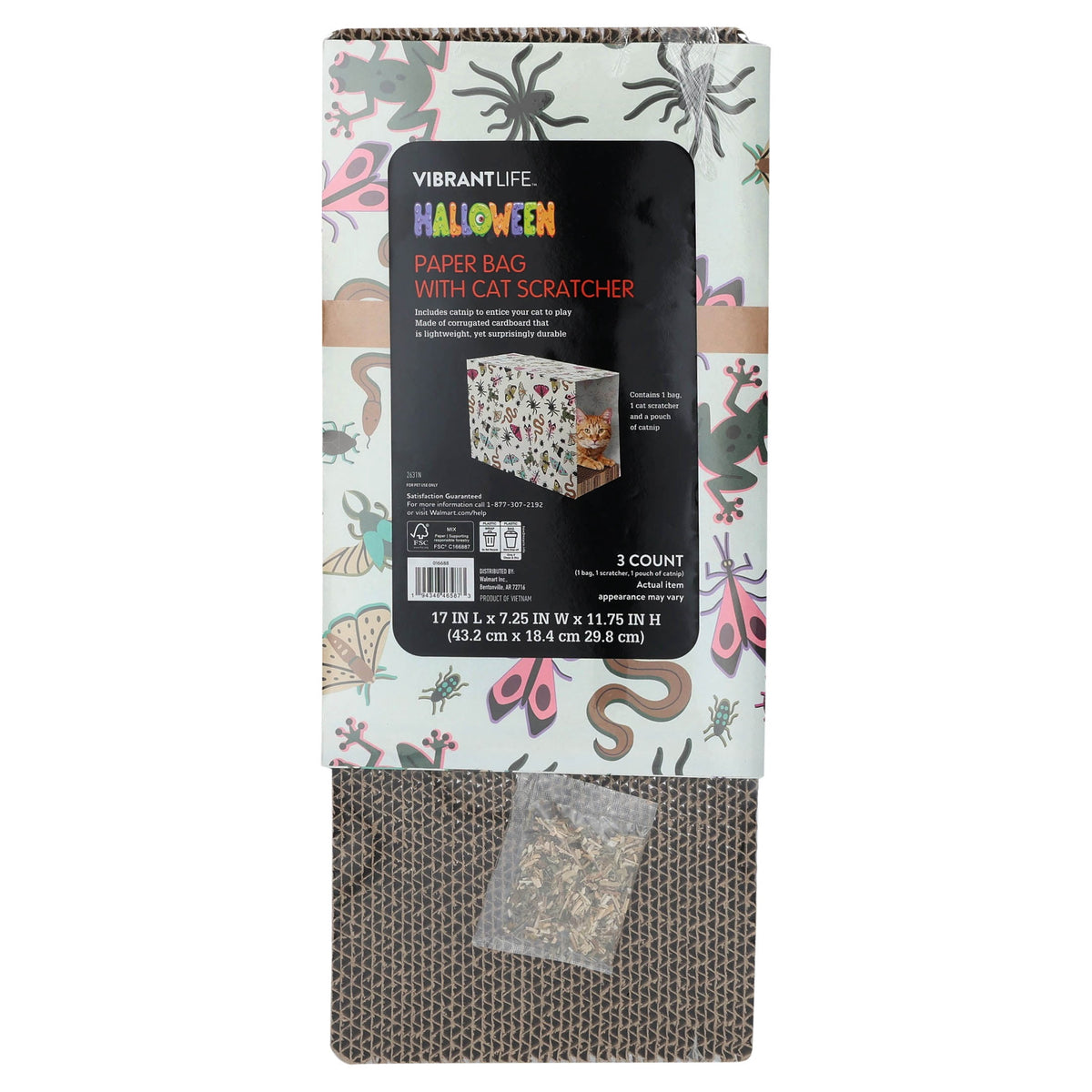 Vibrant Life Halloween Paper Bag with Cat Scratching Pad and Catnip, Creepy Critters, Multicolor