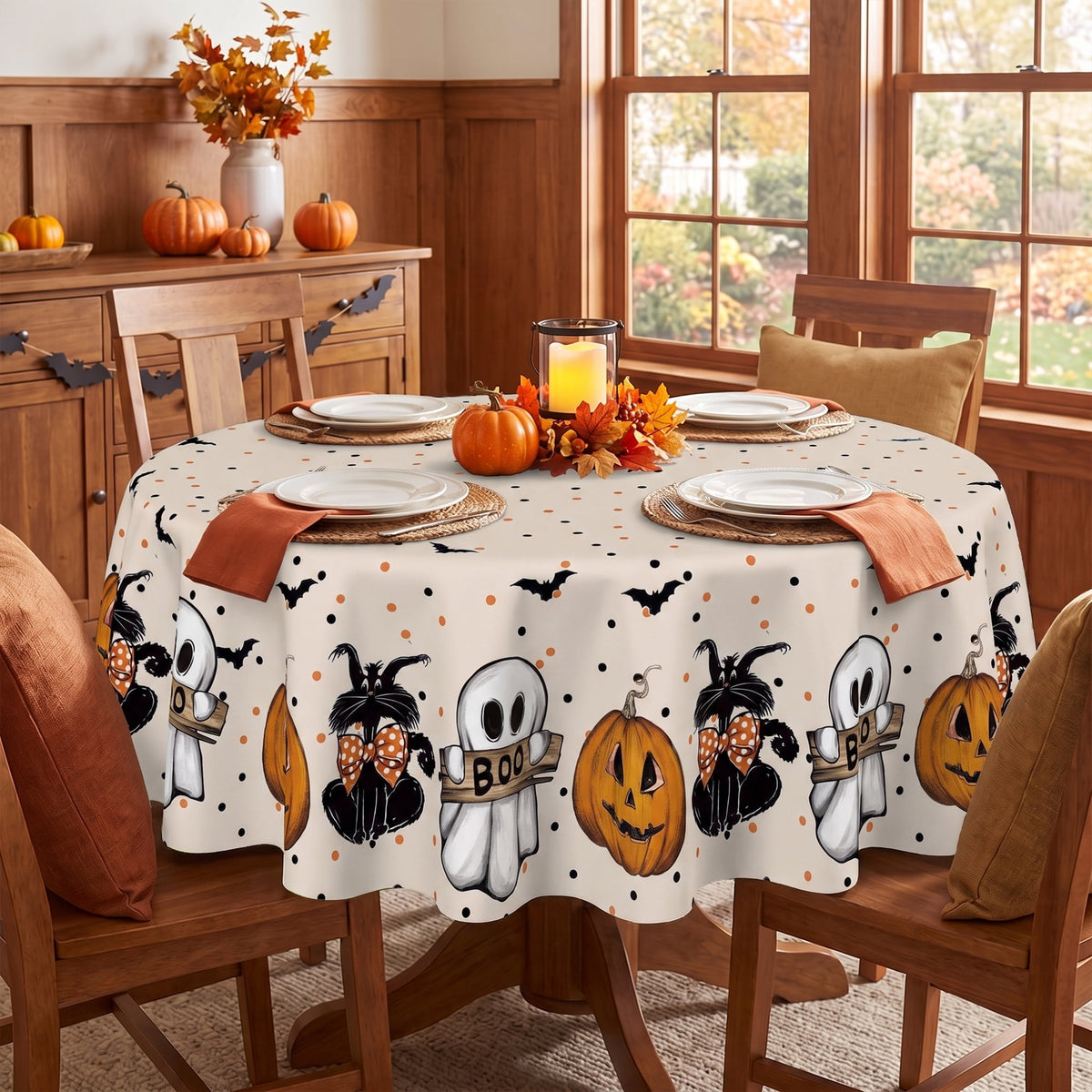 Sm:)e Ghost Cat Jack-O-Lantern Pumpkin Black Halloween Tablecloth 60 x 84 Inch, Wrinkle-Resistant & Machine Washable Table Cover for Dining Decor, Rectangle