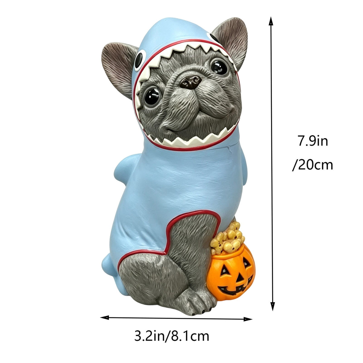 Gray Frenchie in Shark Costume Blow Mold, Halloween French Bulldog Statue with Light Up Pumpkin Decor, Cute Resin Outdoor Indoor Tabletop Dog Ornament, Entryway Patio Yard Decoration, 7.87"