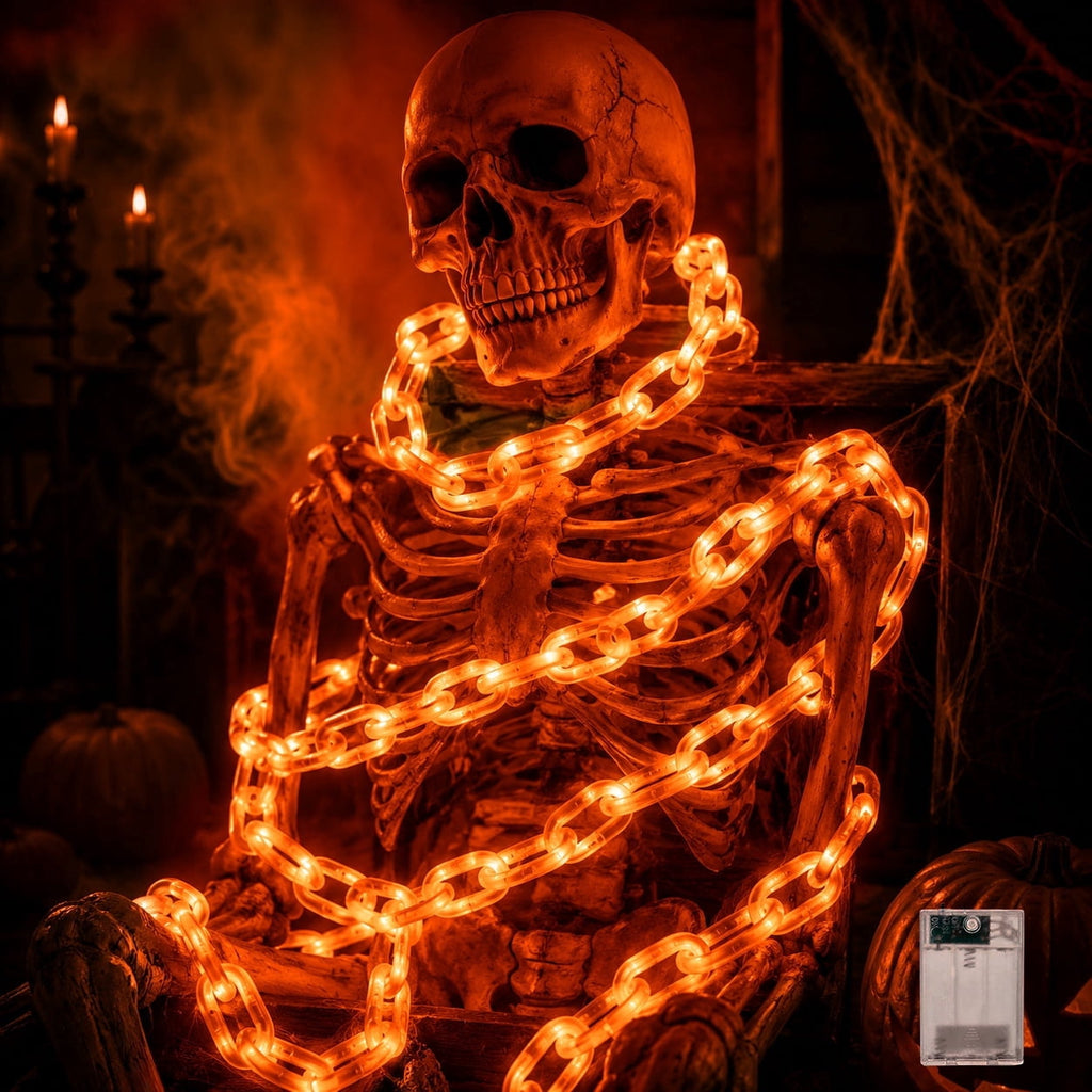 DAKIMOE Halloween Decoration Chain String Lights Orange Light Up Plastic Chain Decoration 10FT Long Glowing Link Chain for Haunted House Party Porch Yard Door Indoor Outdoor Halloween Decor