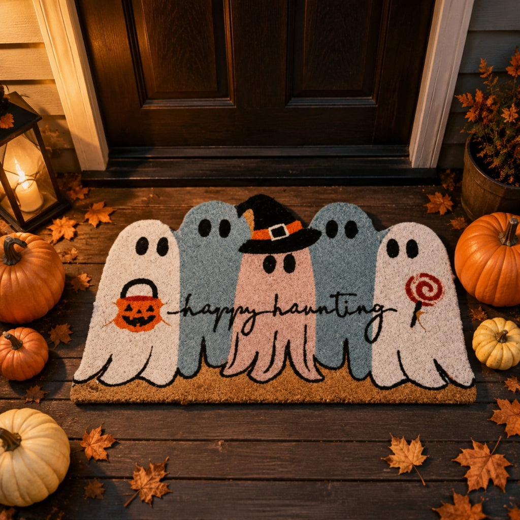 Diceymbol 23.6 x 15.7 Inch Happy Haunting Ghost Doormat, Cute Irregular Halloween Front Door Mat for Entryway Porch and Indoor Decor