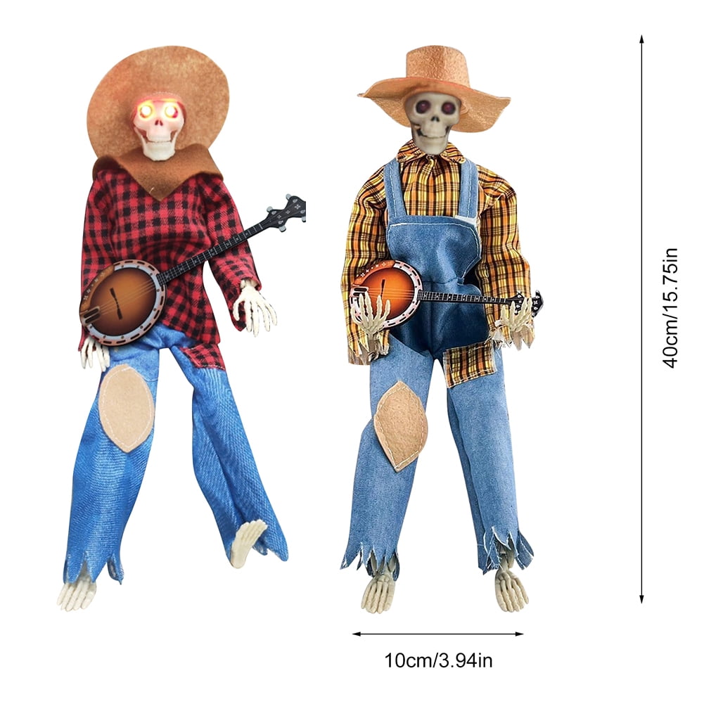 15" Animated Banjo Cowboy Skeletons with Clothes and Hat for Party Shelf Halloween Decorations(Red)