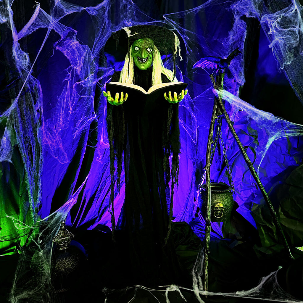 Haunted Hill Farm 5.5 ft Poseable Witch with Spell Book, Lights and Sound, Indoor/Covered Outdoor Halloween Decoration, HHWITCH-9FLS