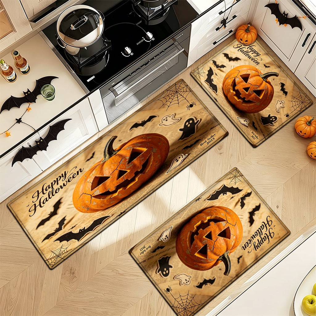 YIMEIS Halloween Neon Pumpkin Lanterns 3Pcs Flannel Mat & Kitchen Rugs Set,Soft Non-slip,16''×24'' 20''×30'' 17''×47'' Inches,for Entryway Bathroom