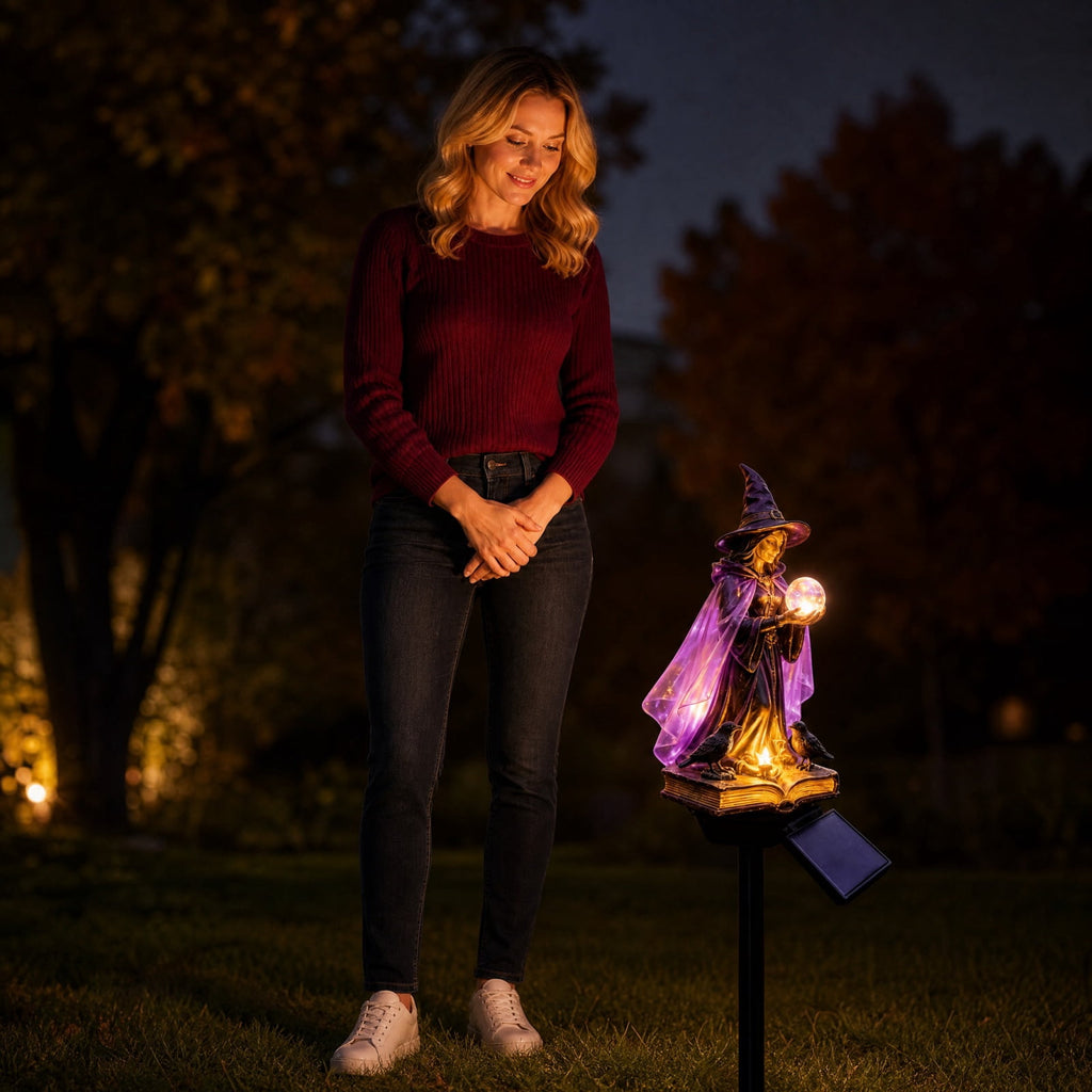 Halloween Witch Cauldron Garden Light, Solar Powered Halloween Projector Outdoor Decoration with Flying Witch and Lighted Cauldron, Witch Light Stake for Lawn Garden Porch Yard Decor, Style D