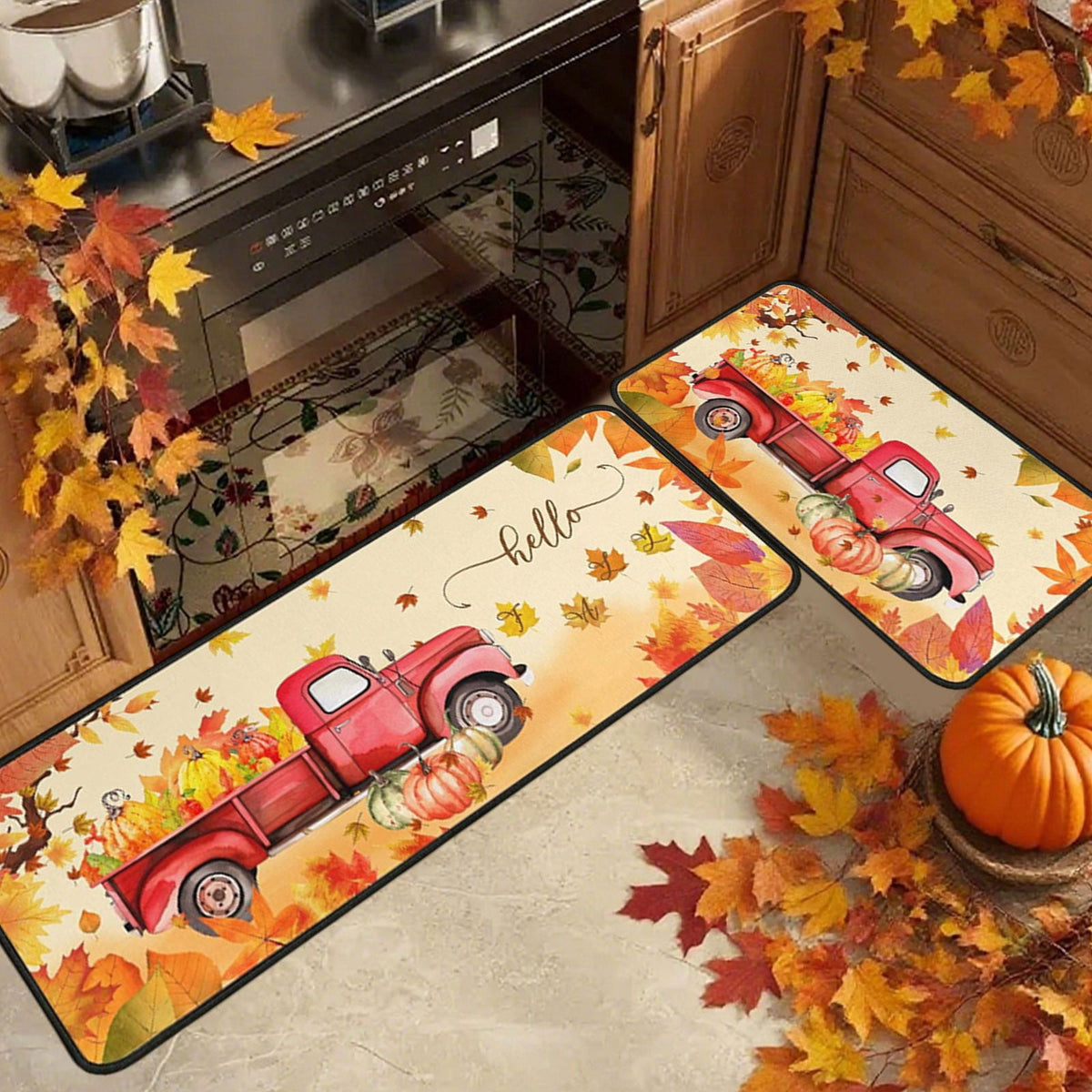 RBCKVXZ 2 Pieces Fall Kitchen Rugs Halloween Thanksgiving Pumpkin Sunflower Orange Maple Leaf Mat Floor Rug for Holiday Autumn Home Decor, 17 x 29 Inches, 17 x 47 Inches