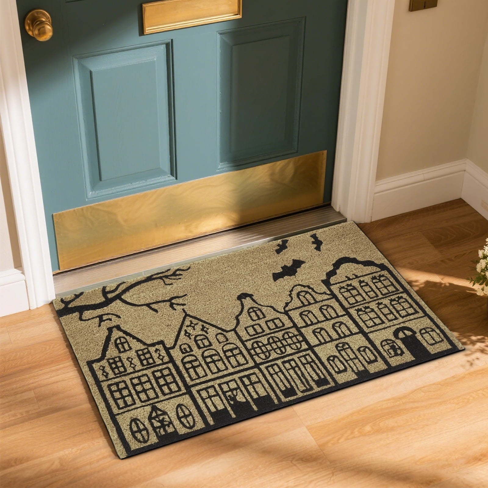 QLUEWX Halloween Haunted House Bat Coir Door Mat, 30×18" Non-Slip Natural Coconut Fiber Welcome Mat, Spooky Outdoor Entryway Rug for Front Porch Patio Decor Gifts for All Ages