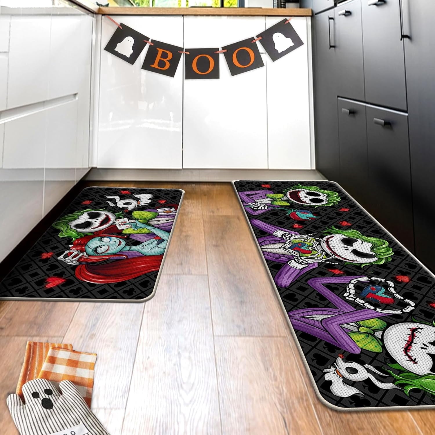 Halloween Jack Skellington Kitchen Rugs Set of 2, Green Monster Mayor Jack O Lantern Pumpkin Kitchen Mats Decor, Funny Holiday Ghost Floor Door Mat Home Decorations - 17x29 and 17x47 Inch