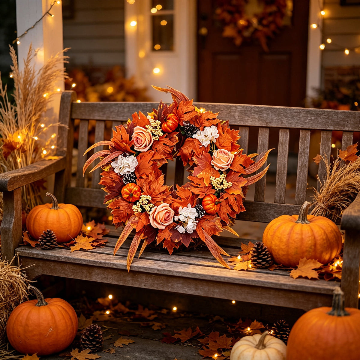 HOARBOEG Autumn Harvest Sunflower Wreath, Artificial Pumpkin Maple Leaf Fall Wreath for Front Door, 21.65 in Thanksgiving Wall Hanging Decor, Outdoor Indoor Harvest Decor
