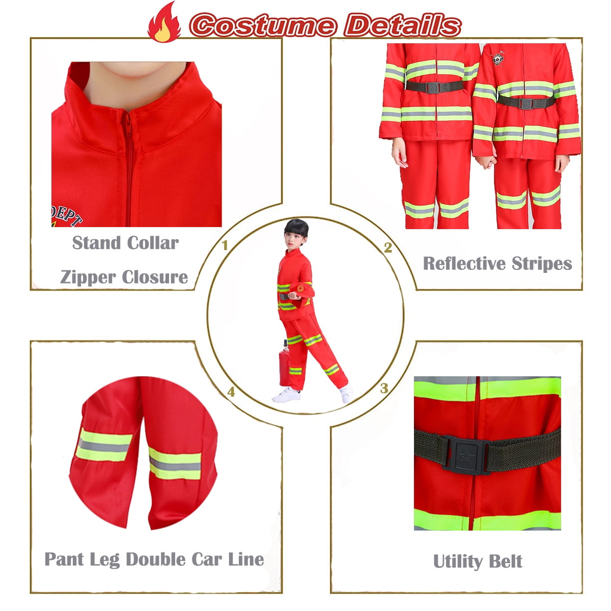 Fire Chief Costume Firefighter Role Play Fireman Dress-up Set for Kids 3-6 Years Toddler Best Gift Birthday Christmas Present(10 pcs)