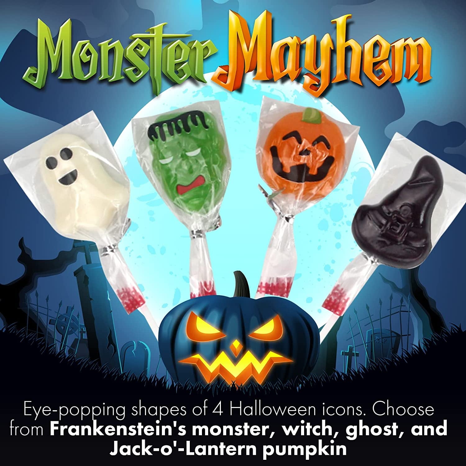 Fusion Select Halloween Candy Lollipops - Trick or Treat Candies for Kids - Frankenstein's Monster, Jack o Lantern, Ghost & Witch Hat Halloween Sweets - Individually Wrapped - 30 Treats Per Box