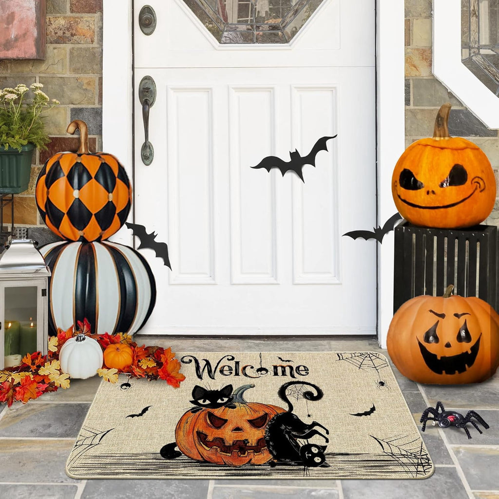 NIETEIN Halloween Door Mat Pumpkin Cat Gnomes Non-Slip Washable 31.5x19.7 Inch (Black Cat Pumpkin)