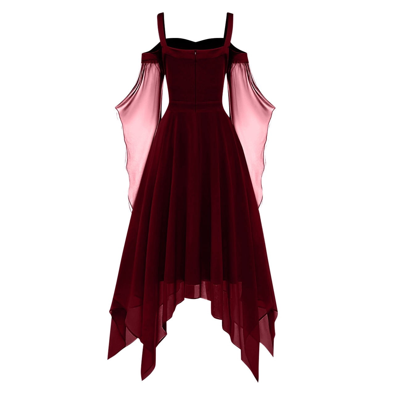 Women Gothic Cold Shoulder Midi Dress, Sheer Flare Bell Sleeve Front Corset Irregular Witch Costume Dress, Adult Halloween Dark Aesthetic Vintage Formal Evening Cosplay Party Outfit(Navy-2/M)