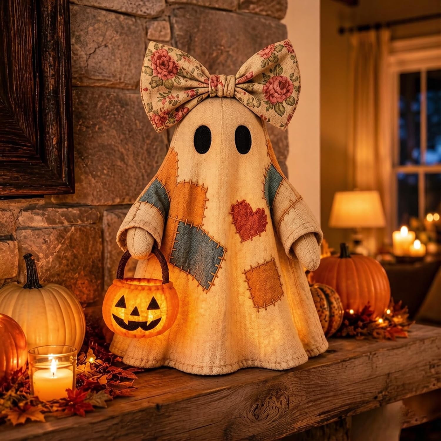 Lighted Vintage Patchwork Ghost, Light Up Ghost with Pumpkin Lantern Halloween Decor, Vintage Halloween Patchwork Ghosts Lamp, for Mantel Shelf Entryway Porch