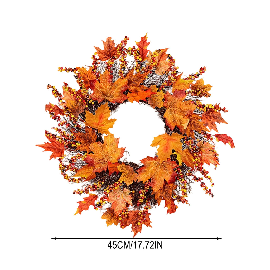 HOARBOEG Handmade Wrought Iron Maple Leaf Wreath, Thanksgiving Rudolph Fall Harvest Door Hanging, Orange Metal Autumn Wreath with Berries, Garden Wall Decor, 15.75 in