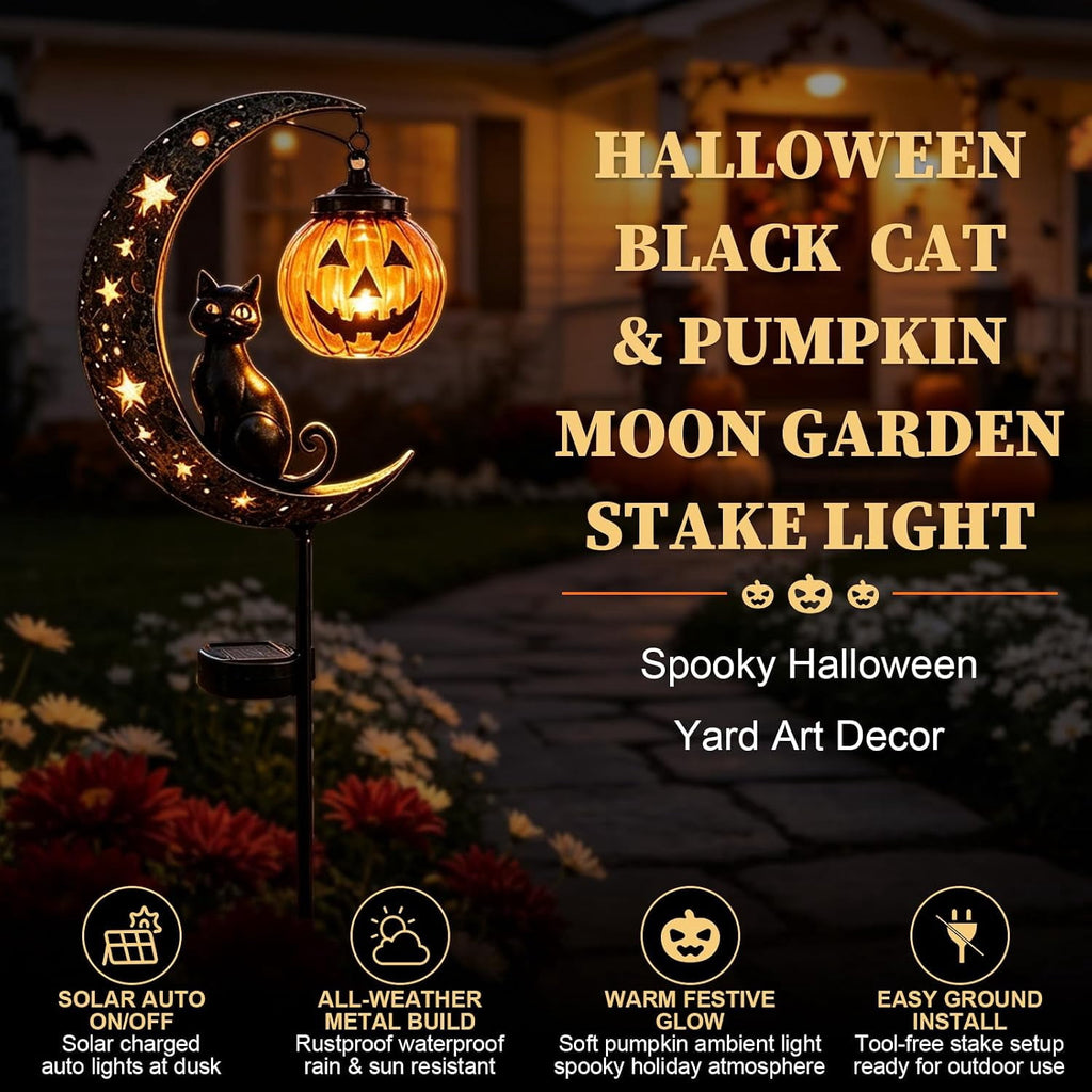 Solar Halloween Black Cat & Pumpkin Moon Garden Stake Light | Waterproof Metal Black Cat Yard Ornament, Auto On Off Solar Outdoor Light, Fall Halloween Decor Stake for Lawn Patio Pathway