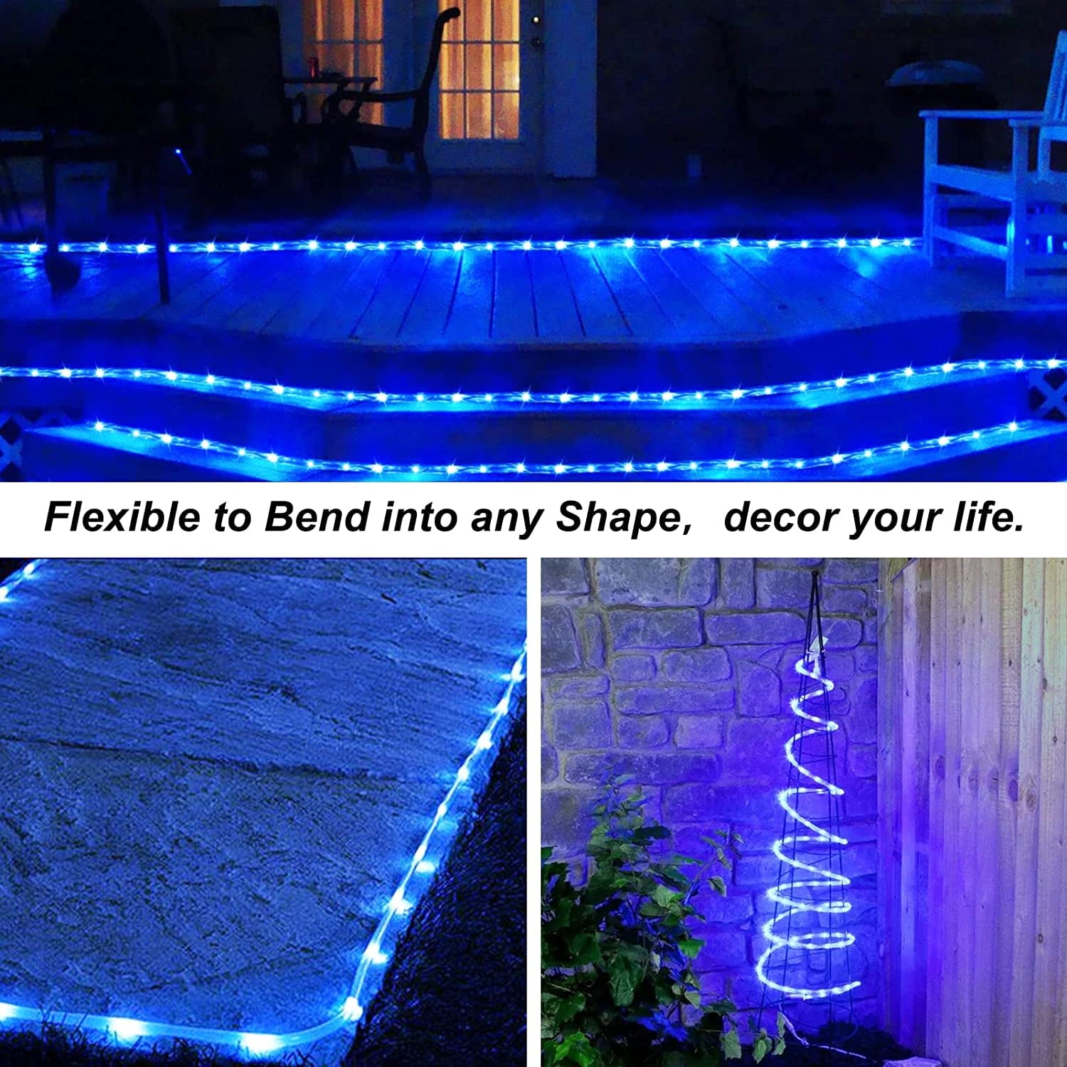 Christmas Tree Lights 23ft 50 LED Battery Operated Rope String Lights with 8 Modes Remote for Xmas Patio Home Garden Decorations, Blue