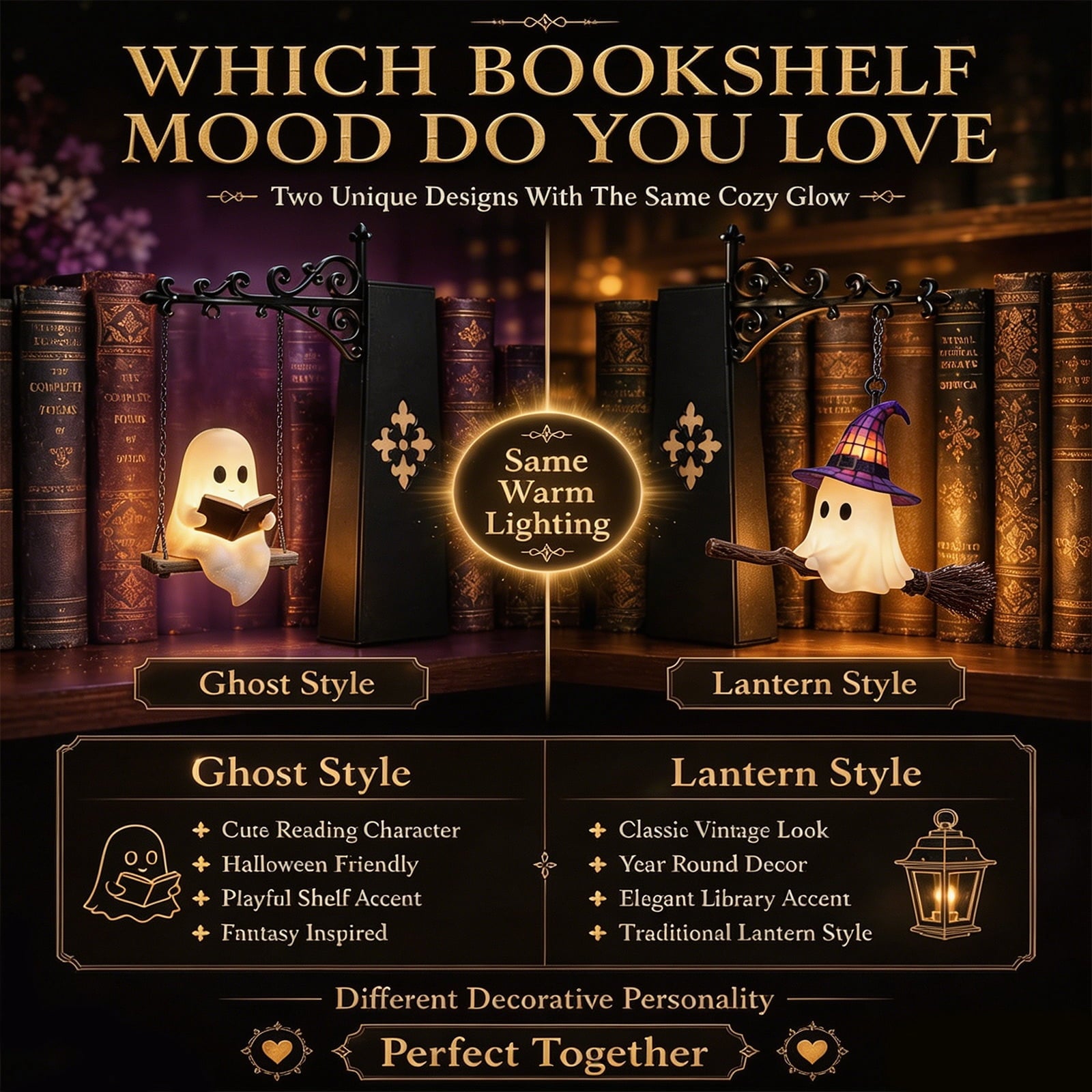 Halloween Ghost Library Lantern Decorative Bookshelf Lighting, Reading Book Shelf Lights for Study Reading Corner Home Library Gift for Book Lovers Bookworms