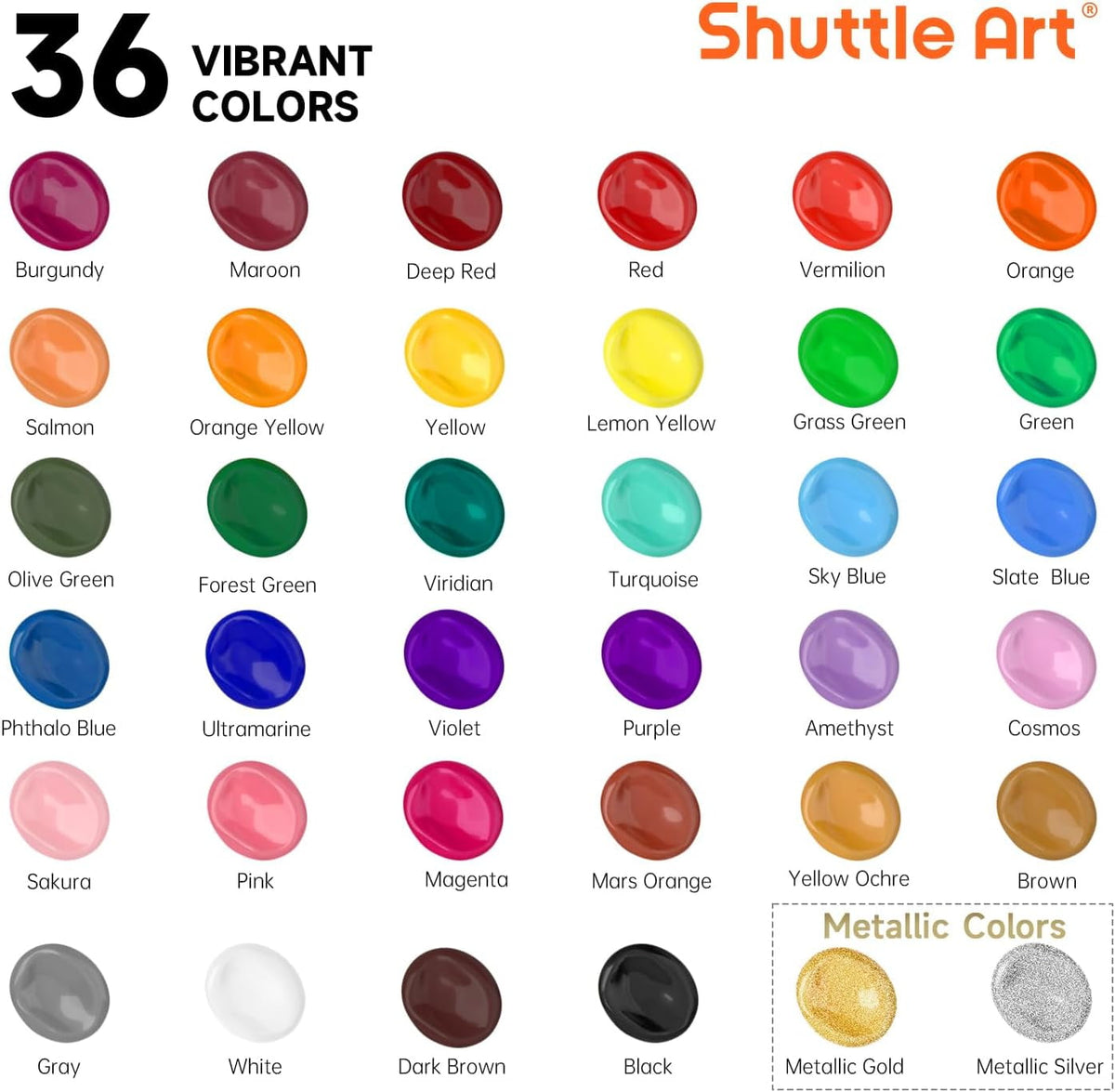 Shuttle Art Acrylic Paint Set, 36 Colors Acrylic Paint with Brushes & Palette, 2oz Bottles, Rich Pigments Non-toxic Paint for Artists Adults, Art Supplies for Canvas Rock Ceramic Wood Painting