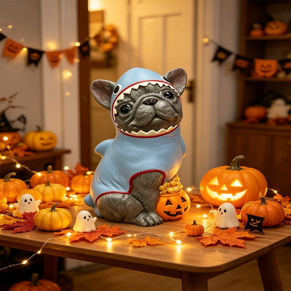 Halloween Dog Greeter - Frenchie 7.9in Resin Witch Dog with Light-Up Pumpkin, Spooky Fall Decor, Indoor Outdoor Tabletop Decoration