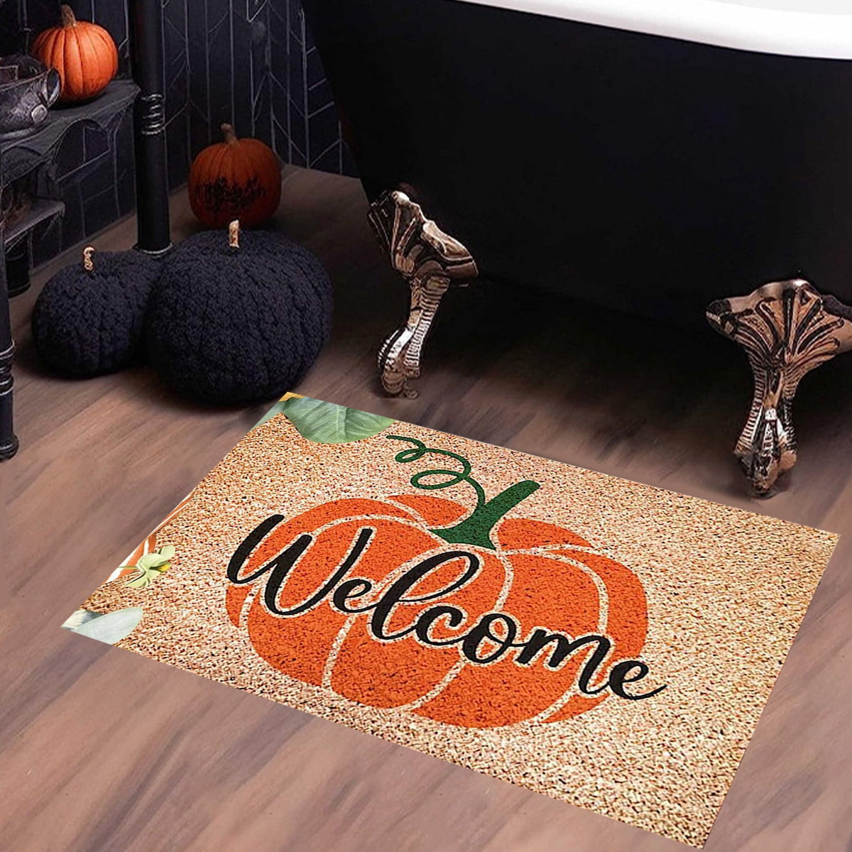 Zhourta Halloween Fall Plaid Outdoor Rug Orange Plaid Outdoor Rug Cotton Hand Woven Check Rug Layered Doormats for Front Door Front Porch Farmhouses Entryway Patio 15.7x23.6 Inch