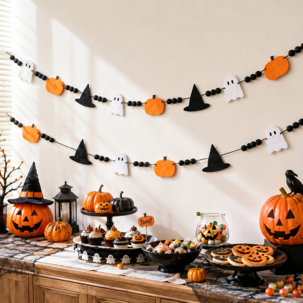 Halloween Decorations Cute Spooky Felt Garland, Black Bead Chain Pumpkin Witch Hat Ghost Banner for Home Indoor Holiday Decor