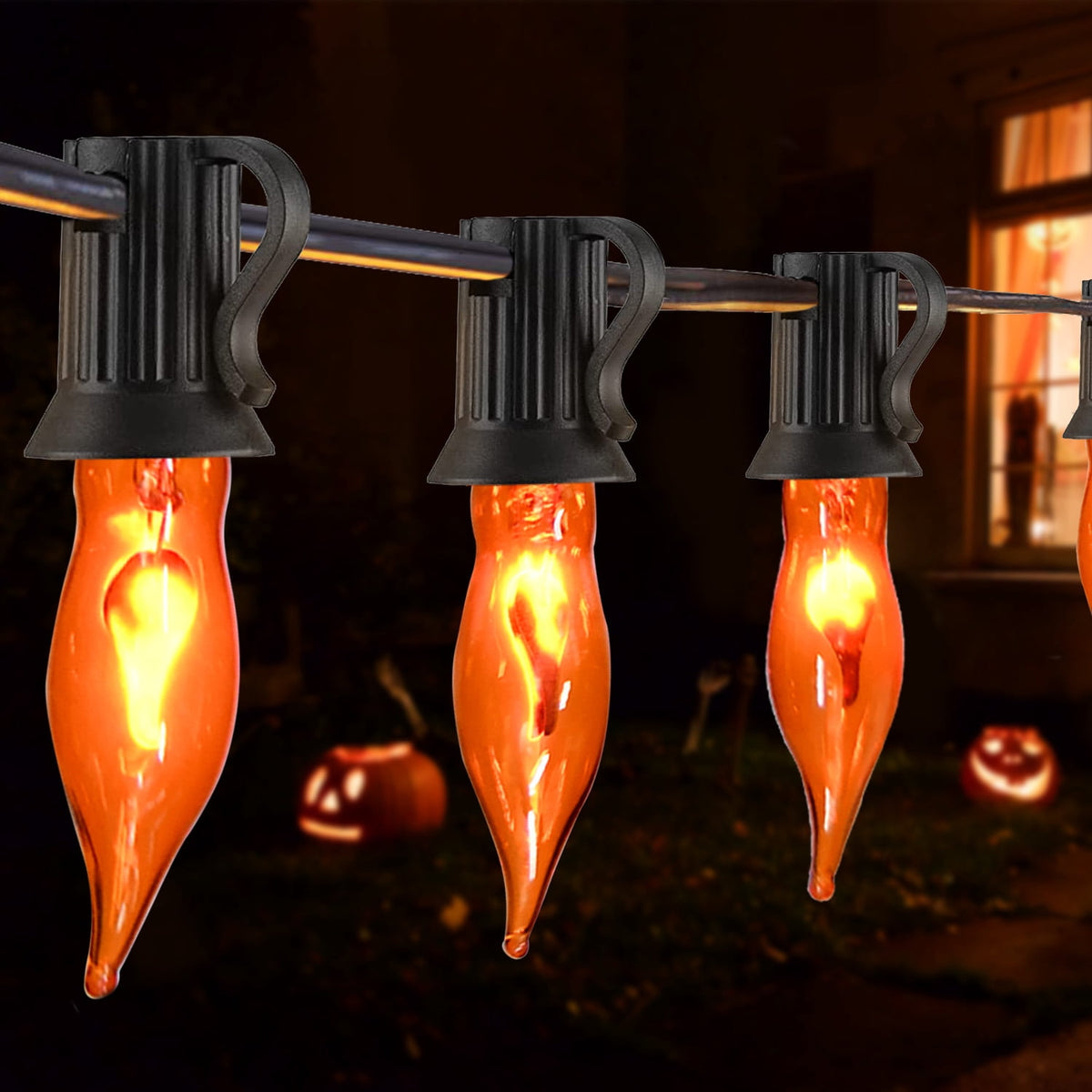 12.8Ft Christmas Lights Flickering Flame String Lights with 12 Pack Clear C7 Flame Light Bulbs（2 Spare）, Great for Indoor Outdoor Home Patio Party Christmas Decorations Lights, 1W, E12 Base