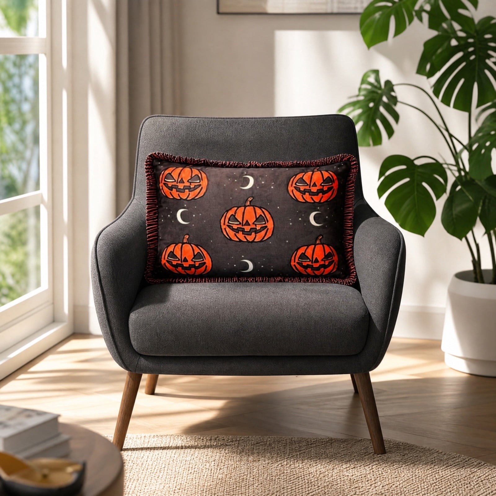 Halloween Ghost Reading Book Throw Pillow Cover, Spooky Library Bookshelf Skull Candlestick Decorative Pillowcase, Retro Halloween Cushion Cover