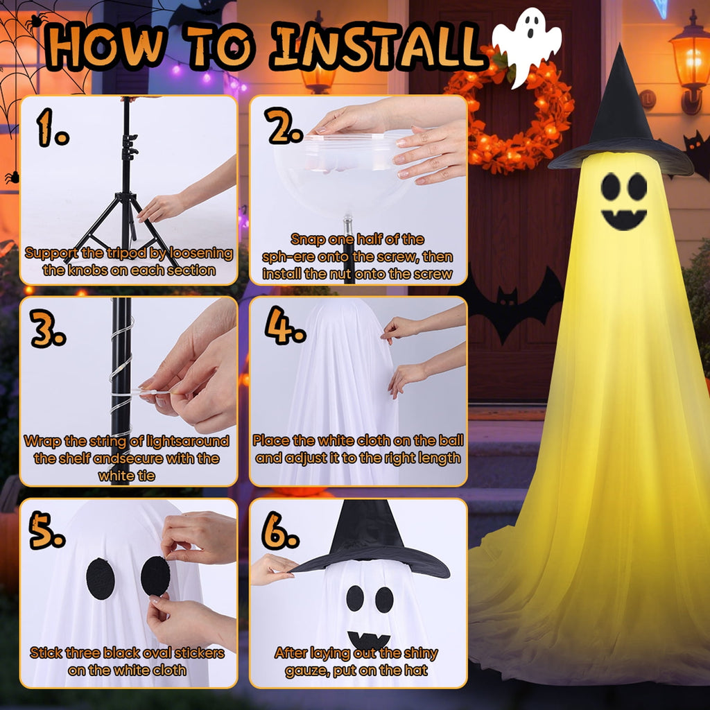 2Pcs Halloween Decorations Outdoor Ghost, DIY Ghost Kit Decor with Witch Hat Remote Control String Lights Halloween Decorations Indoor Halloween Ghost Lights for Porches Yards Gardens Lawn