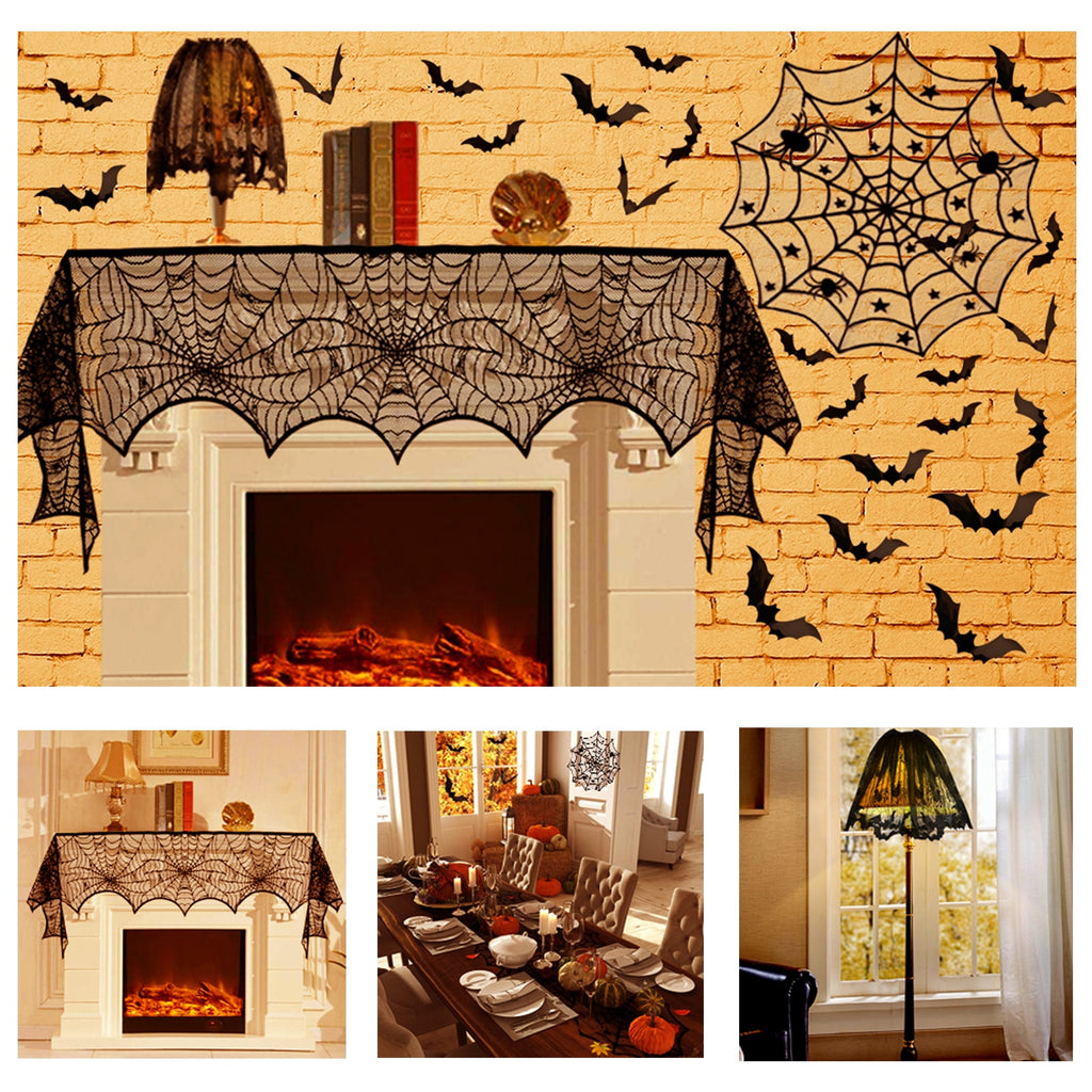 Coolmade Halloween Decorations Set for Home, Table Runner, Tablecloth, Fireplace Mantel Scarf, Lampshade, 3D Scary Bats for Party Decor