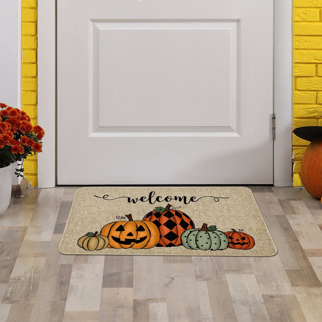 chaungfeng Welcome Fall Door Mat, Seasonal Pumpkin Decorative Doormat, Thick Non-Slip Rugs, for Indoor Outdoor Entrance Floor, Halloween Thanksgiving Decoration (23.6"X15.7")
