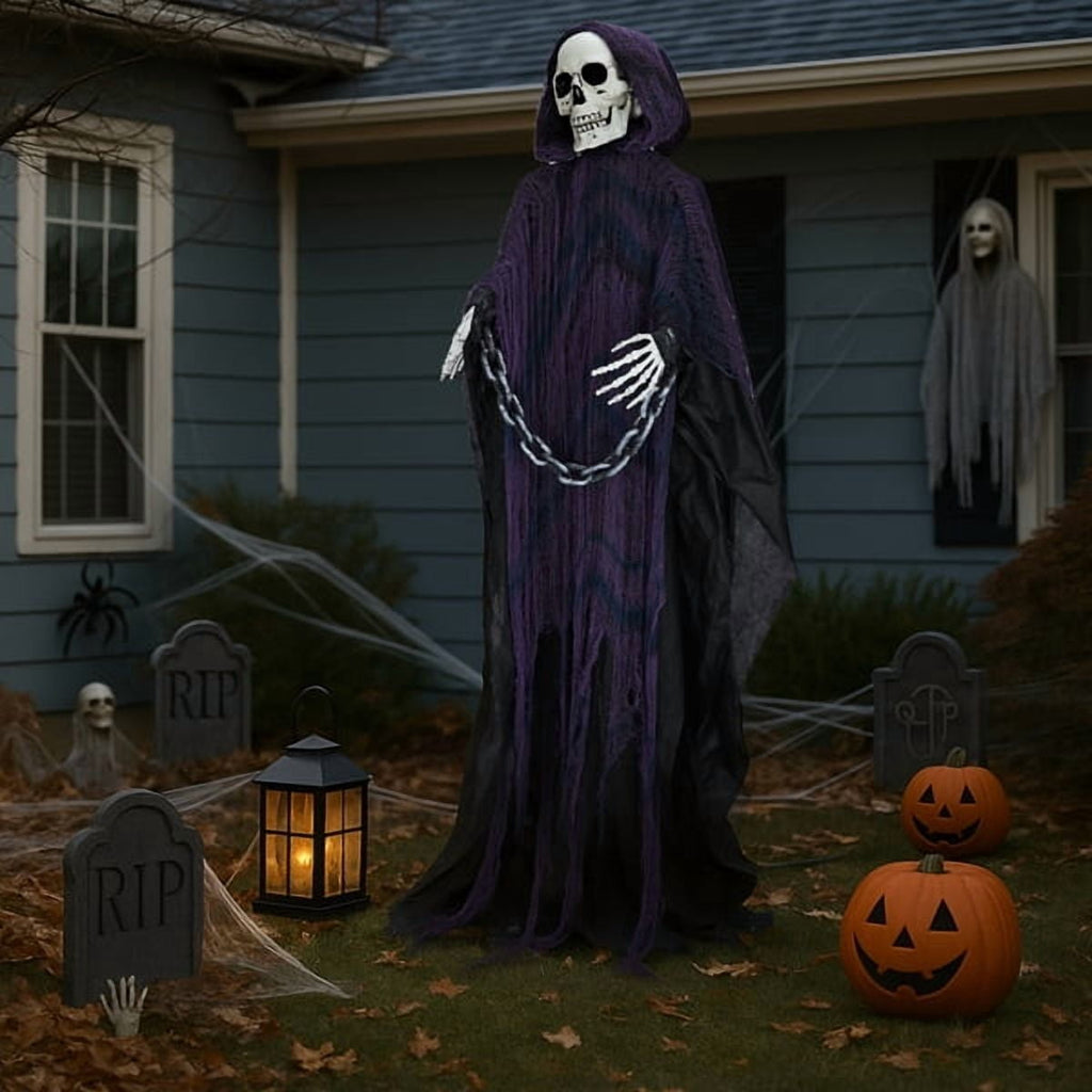 Alvantor Halloween Animated Decorations - 6 FT Sound-Activated Animatronic Grim Reaper with Chain, Moving Head and Hands, Red LED Eyes